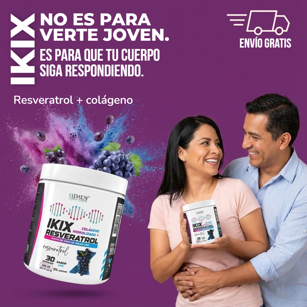 IKIX Resveratrol + colágeno | Refuerza tu estructura y reduce el desgaste interno para moverte, sentirte y funcionar mejor con el paso del tiempo.