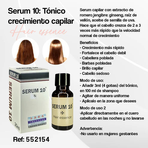 2x1 TU PELO 5 VECES MÁS LARGO Y SIN CAÍDA®️Serum capilar con extracto de romero, jengibre, ginseng, raíz de vellón, aceite de semilla de uva.