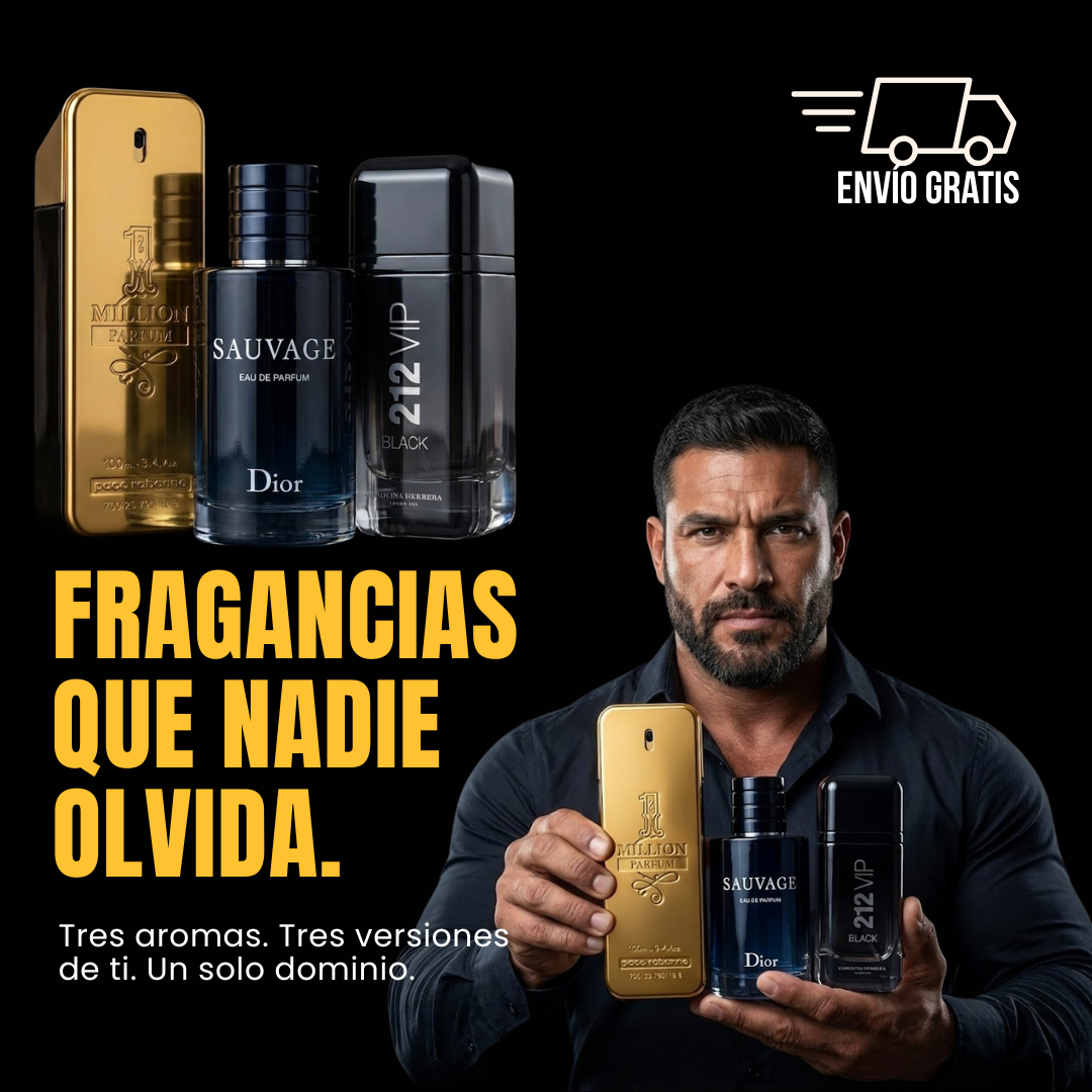 GOLDEN TRIO™ | 1 Million · 212 VIP Black · Sauvage | 3 Fragancias, un mismo poder.