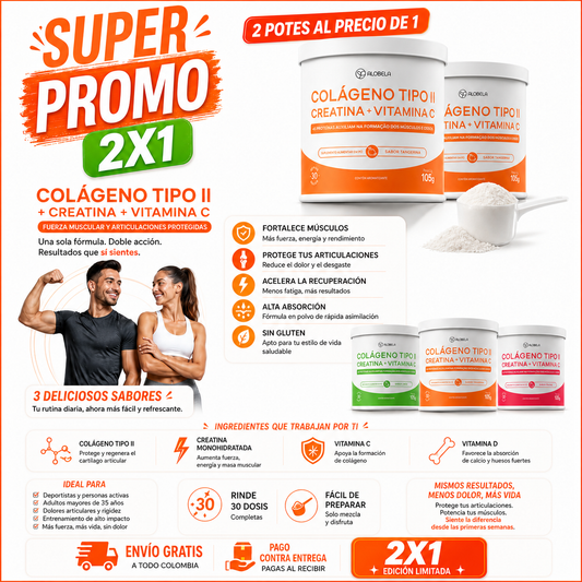 2X1 Colágeno Tipo II + Creatina Alobela | Máxima Fuerza y Flexibilidad Total