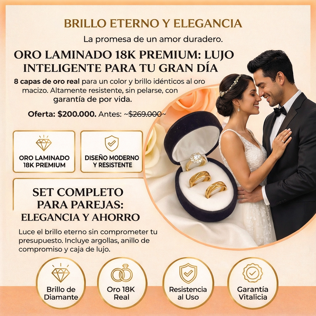 Juego de Anillos de Matrimonio en Oro Laminado 18k + Obsequio de Anillo de Compromiso + Caja de Lujo